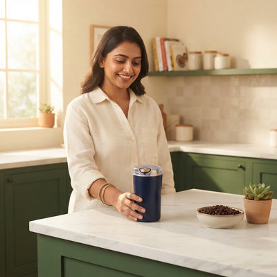 An Indian woman using a compact electric grinder in a modern, well-lit kitchen with green and cream-toned decor.